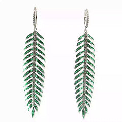 18k White Gold 4.00ct Baguette Shape AAA Emerald / 1.00ct F VS2 Round Diamond Feather Drop Earrings 3" Long