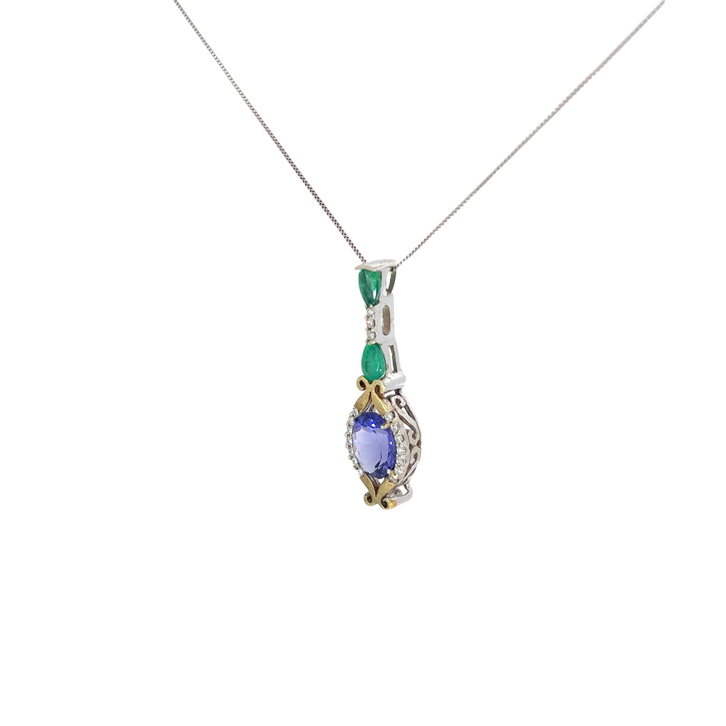 14k White Gold 3.00ct Oval AAA Tanzanite, .35ct Pear Shape Emerald and .25ct G SI1 Round Diamond Necklace