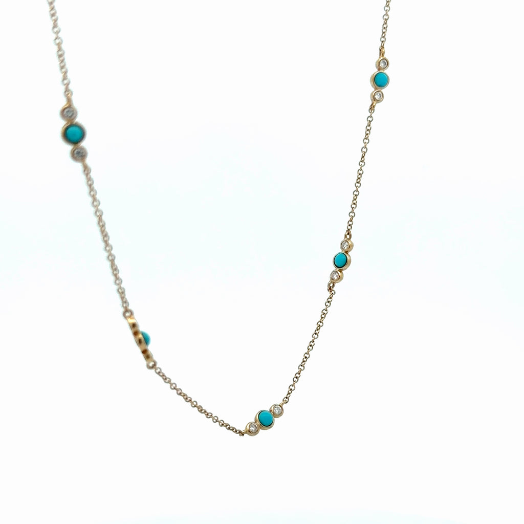 14k Yellow Gold .25ct G VS2 Round Diamond / .40ct Bead Turquoise Necklace 16"inch