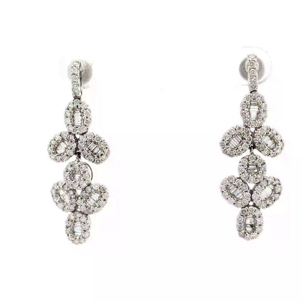 18k White Gold 2.88ct H SI1 Baguette and Round Diamond Drop Bubble Style Flexible Diamond Earrings 1 1/4" Long