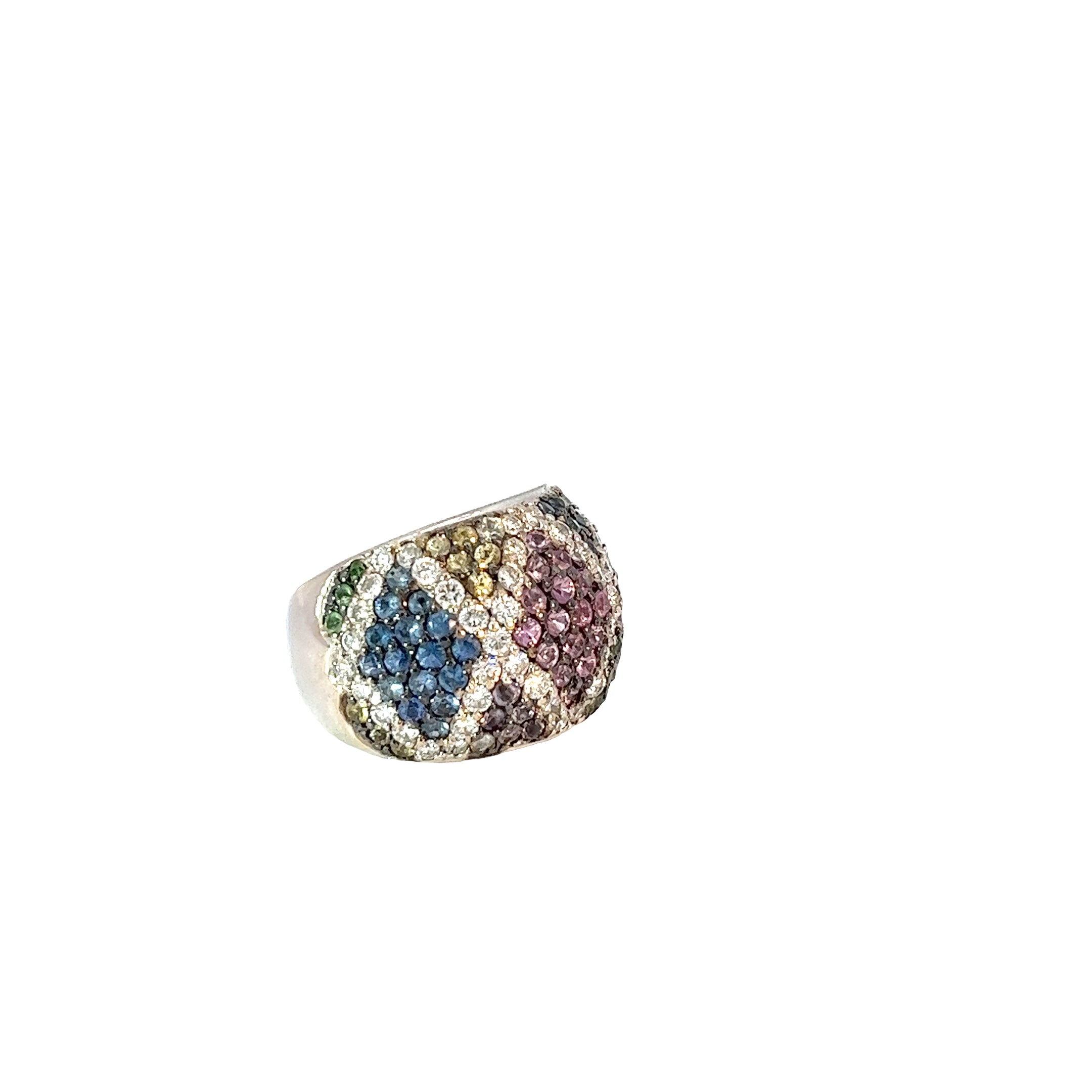 18k White Gold Multi-Colored Round Sapphire and Diamond Ring