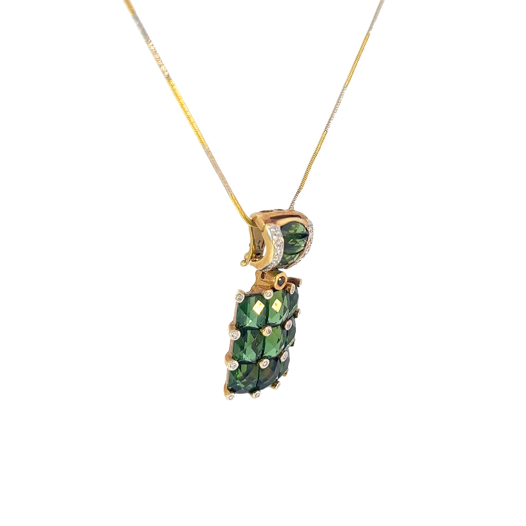 18k Two Toned 6.00ct Green Tourmaline / .30ct F VS2 Round Diamond Necklace