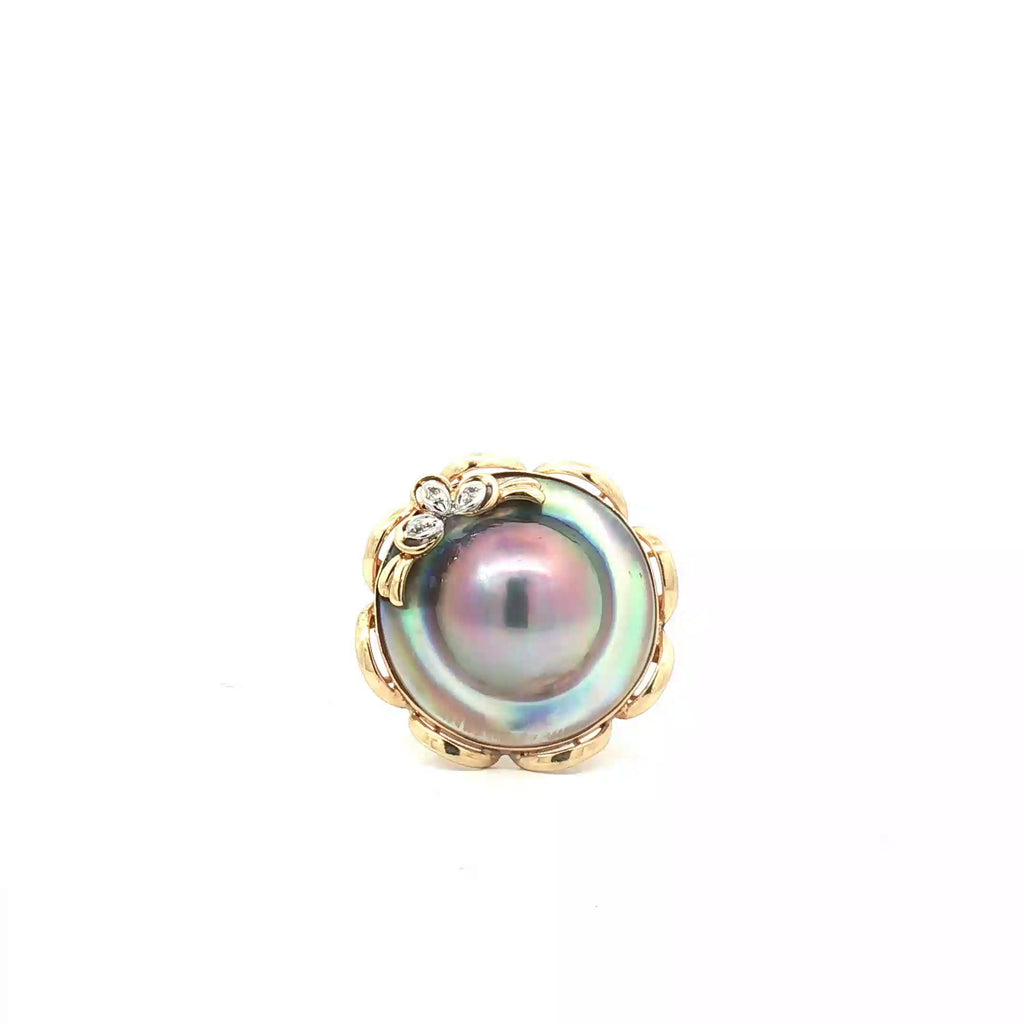 14k Yellow Gold Large Tahitian Mabe Pearl 22"- 25"/ Round Diamond Vintage Ring 7.5