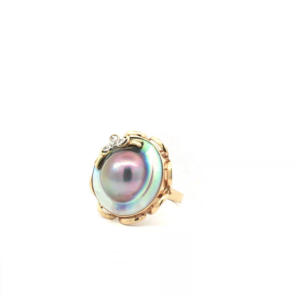 14k Yellow Gold Large Tahitian Mabe Pearl 22"- 25"/ Round Diamond Vintage Ring 7.5