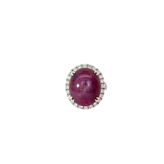 18k White Gold 24.11ct Purple Red Double Cabochon Oval Star Ruby and 2.07ct F VS2 Round Diamond Vintage Ring Certified by GIA #1172538439