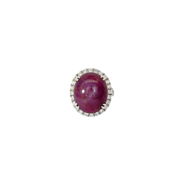 18k White Gold 24.11ct Purple Red Double Cabochon Oval Star Ruby and 2.07ct F VS2 Round Diamond Vintage Ring Certified by GIA #1172538439
