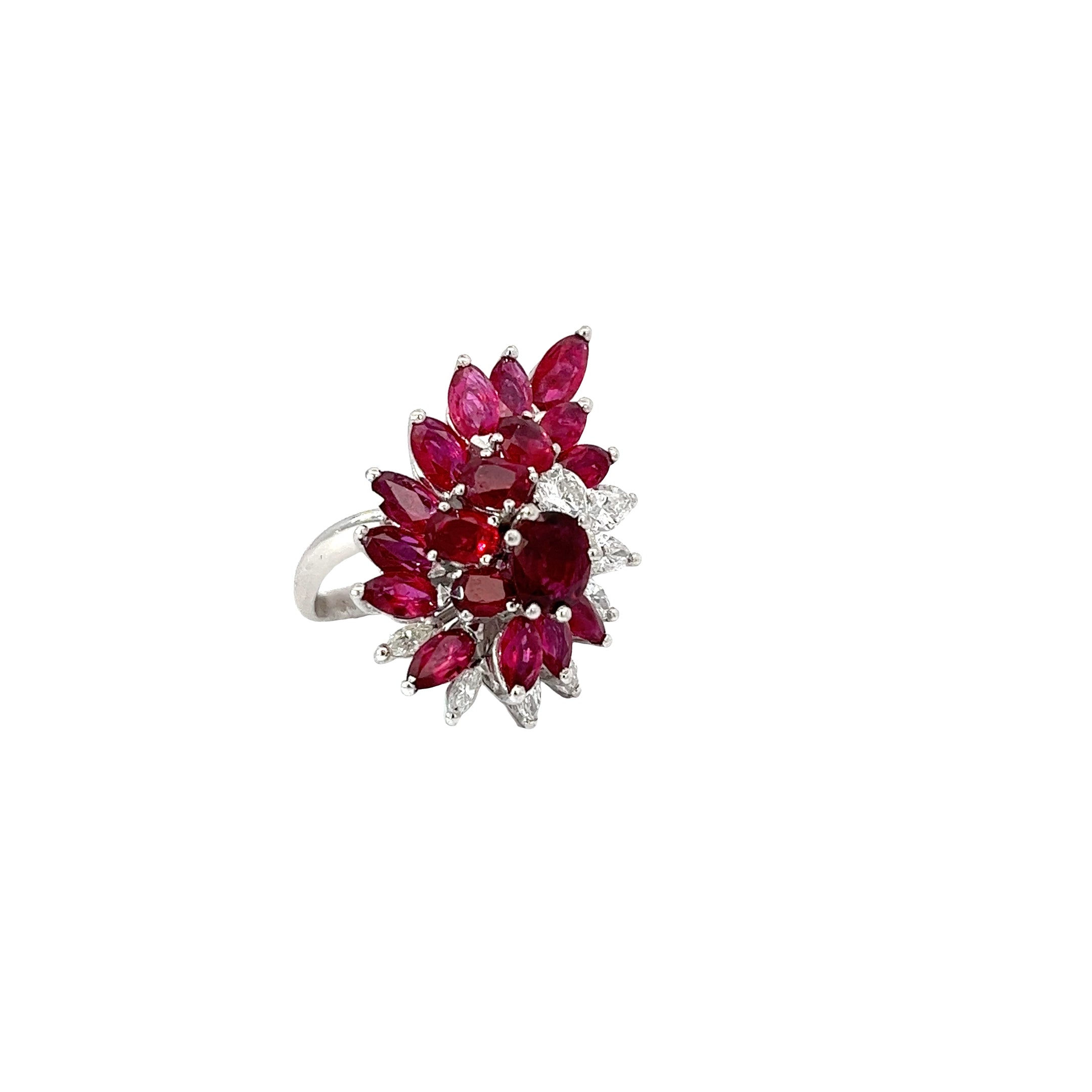 Platinum 5.00ct Marquise Burma Ruby and 1.20ct F VS2 Round Diamond Vintage Ring