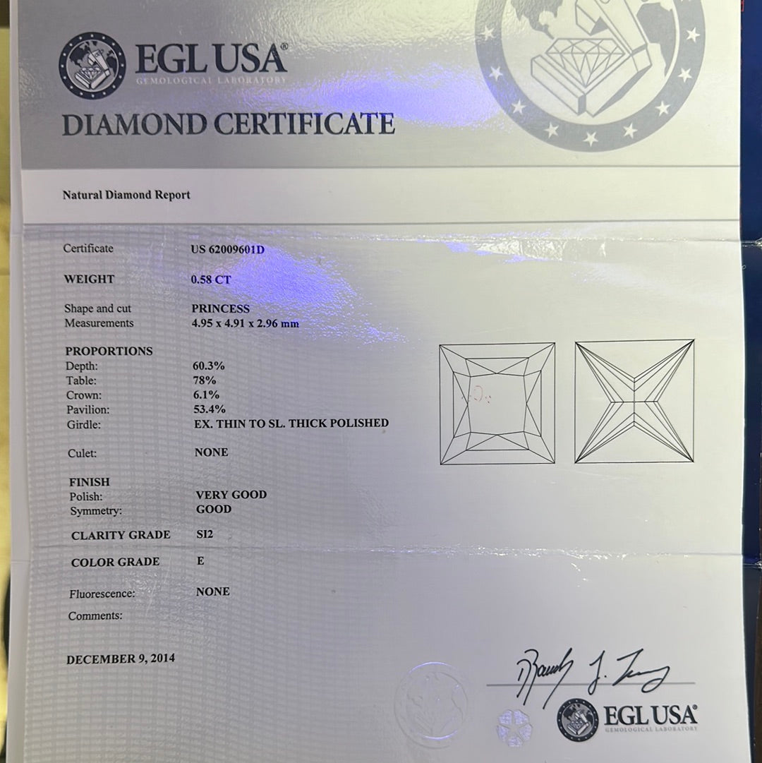 Loose Natural Diamond .58CT E SI2 PRINCESS EGL Certified