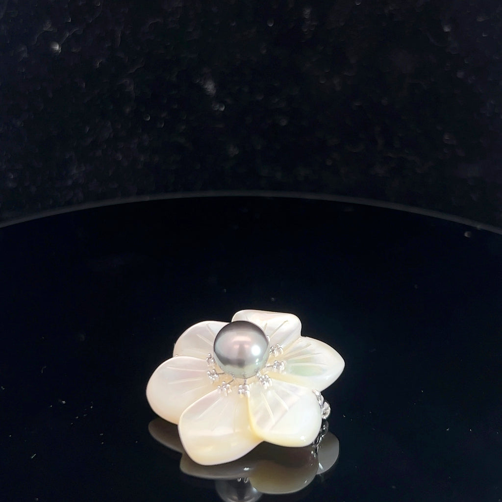 14k White Gold .05ct G SI1 Round Diamond Mother of Pearl Flower / Tahitian Pearl 9mm  Brooch / Pin and Pendant