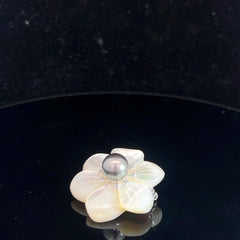 14k White Gold .05ct G SI1 Round Diamond Mother of Pearl Flower / Tahitian Pearl 9mm  Brooch / Pin and Pendant