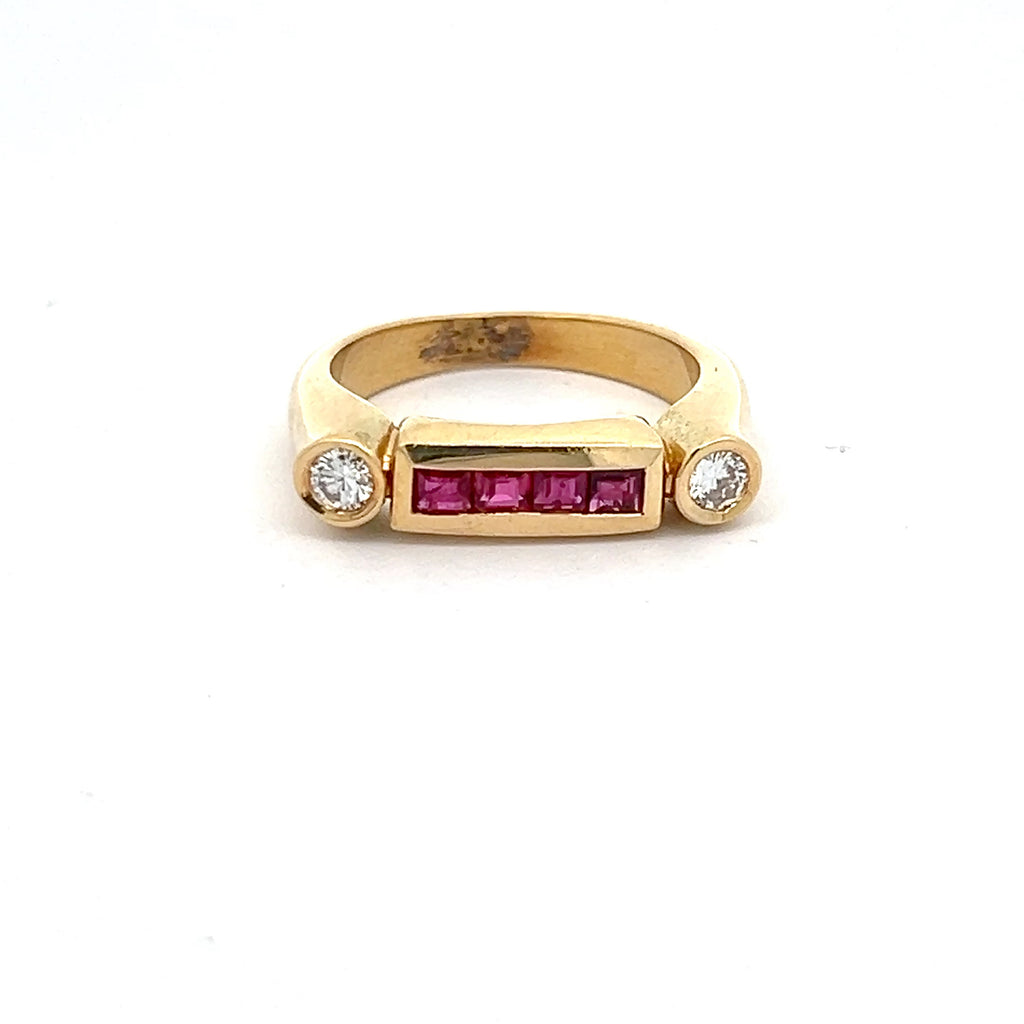 14k Yellow Gold .45ct Princess Cut Ruby /.15ct G VS2 Round Diamond Ring Design By German Designer