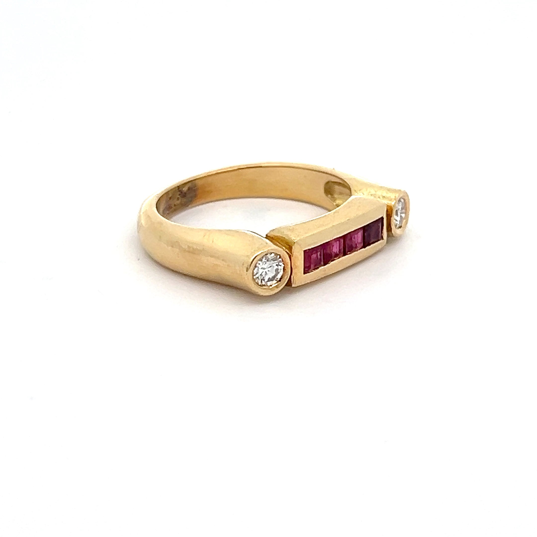 14k Yellow Gold .45ct Princess Cut Ruby /.15ct G VS2 Round Diamond Ring Design By German Designer