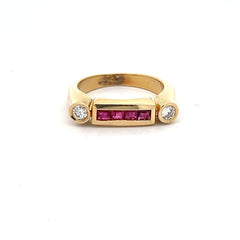 14k Yellow Gold .45ct Princess Cut Ruby /.15ct G VS2 Round Diamond Ring Design By German Designer