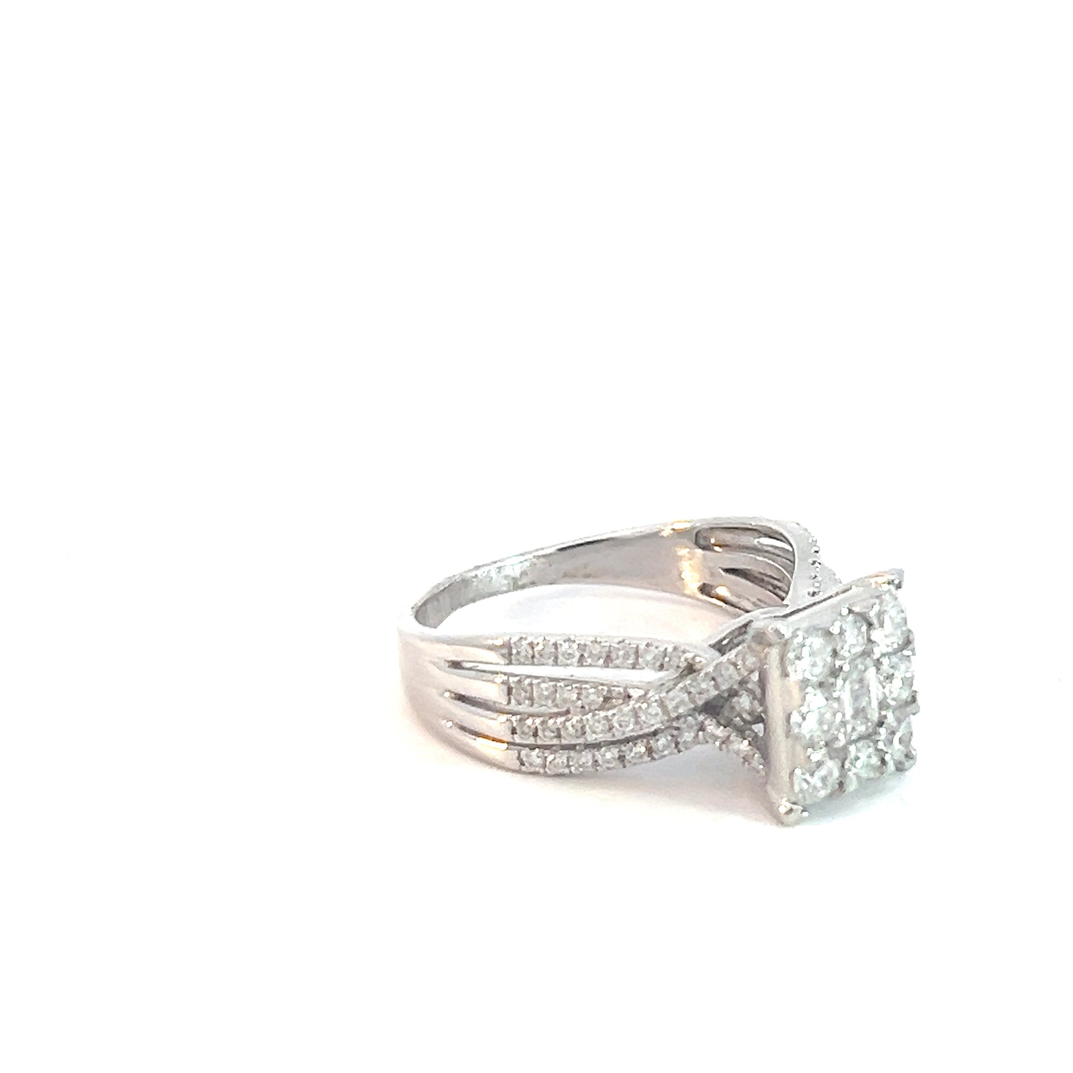 14k White Gold 1ct E VS2 Round Diamond Halo and Shank /.35ct E VS2 Emerald Cut Center Diamond Engagement Ring