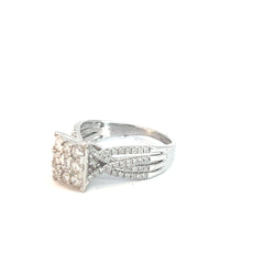 14k White Gold 1ct E VS2 Round Diamond Halo and Shank /.35ct E VS2 Emerald Cut Center Diamond Engagement Ring