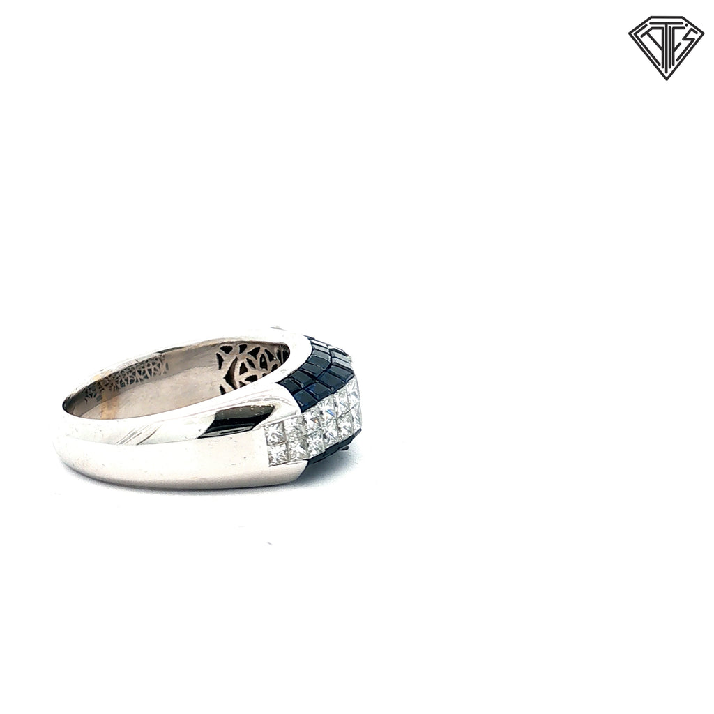 18k White Gold 1.50ct F VS2 Princess Cut / 2.00ct Blue Sapphire Princess Cut Invisible Set Men Ring Size 8
