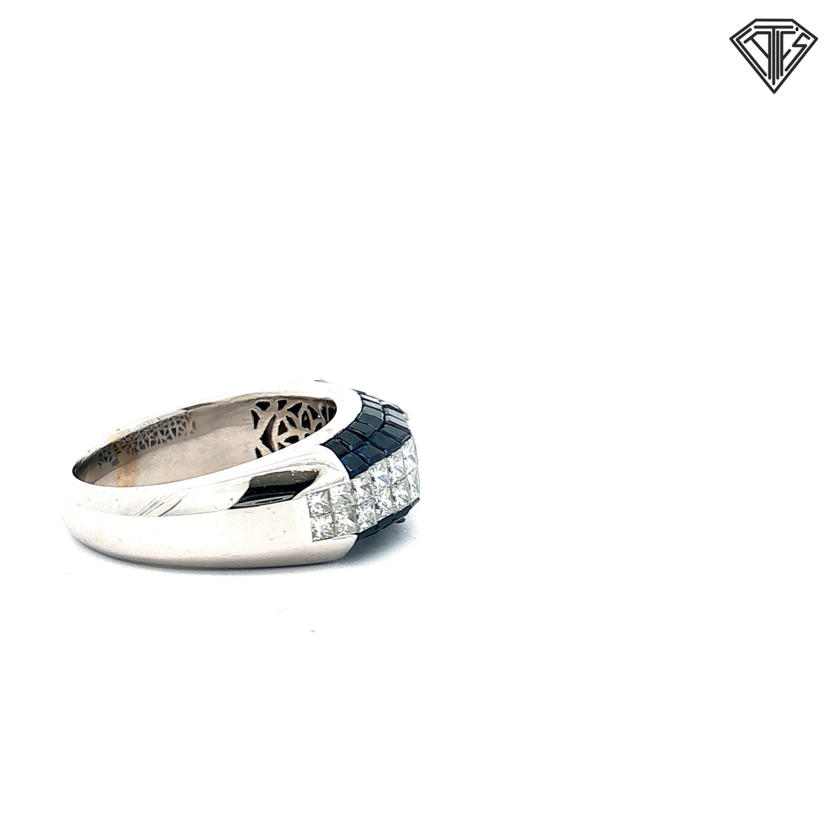 18k White Gold 1.50ct F VS2 Princess Cut / 2.00ct Blue Sapphire Princess Cut Invisible Set Men Ring Size 8
