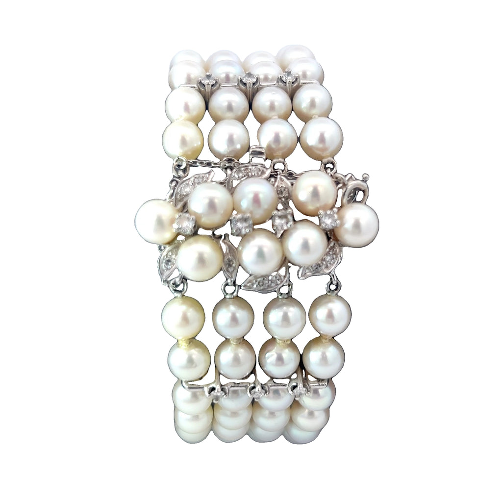 14k White Gold .75ct G VS2 (3) Spacer Round Diamond Vintage 4 Strand 6mm Salt Water Pearl Bracelet
