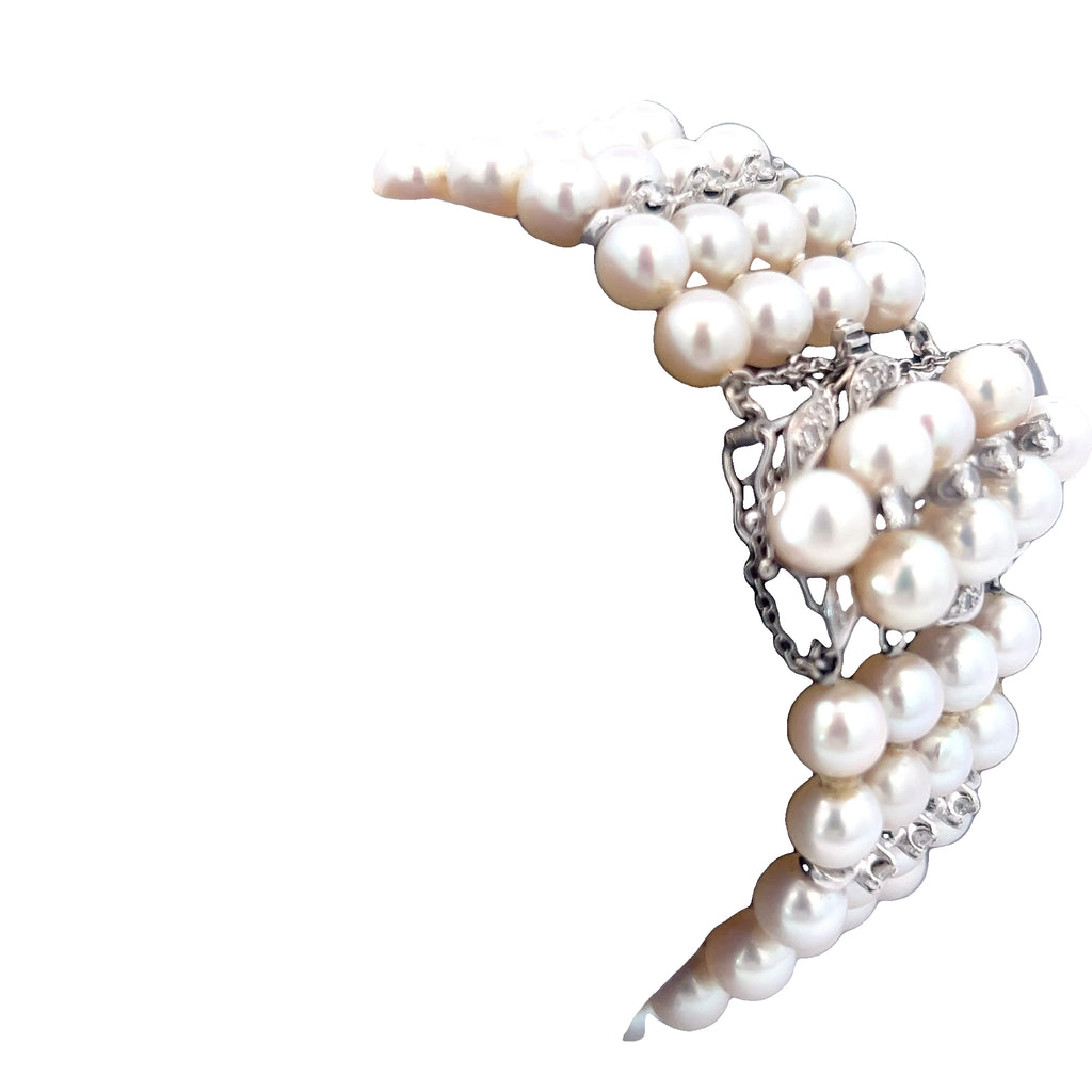 14k White Gold .75ct G VS2 (3) Spacer Round Diamond Vintage 4 Strand 6mm Salt Water Pearl Bracelet