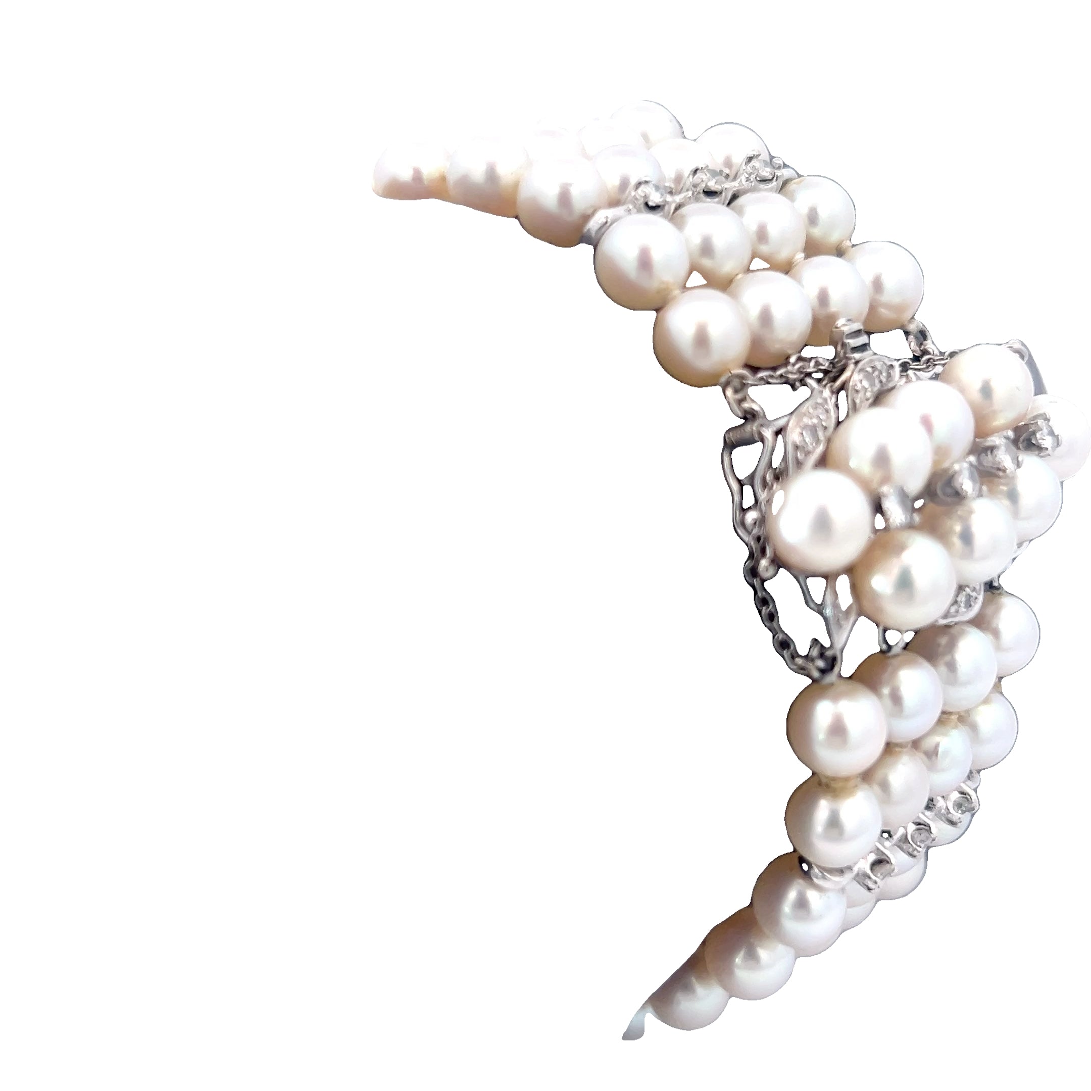 14k White Gold .75ct G VS2 (3) Spacer Round Diamond Vintage 4 Strand 6mm Salt Water Pearl Bracelet