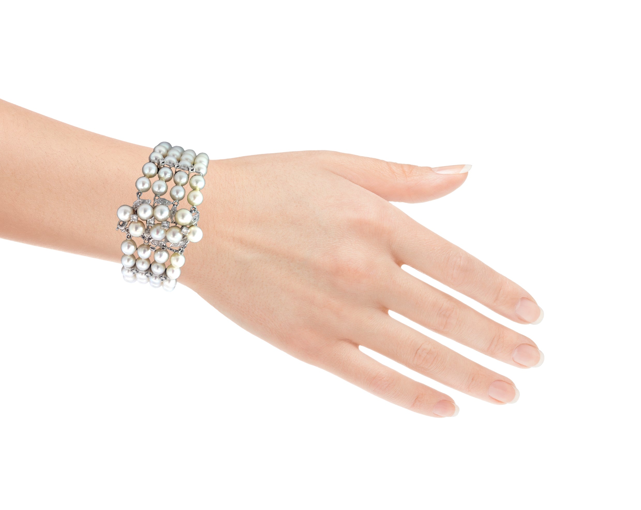 14k White Gold .75ct G VS2 (3) Spacer Round Diamond Vintage 4 Strand 6mm Salt Water Pearl Bracelet