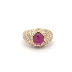 14k Yellow Gold 1.75ct Burma Cabochon Ruby /.60ct G VS2 Round Diamond Ring
