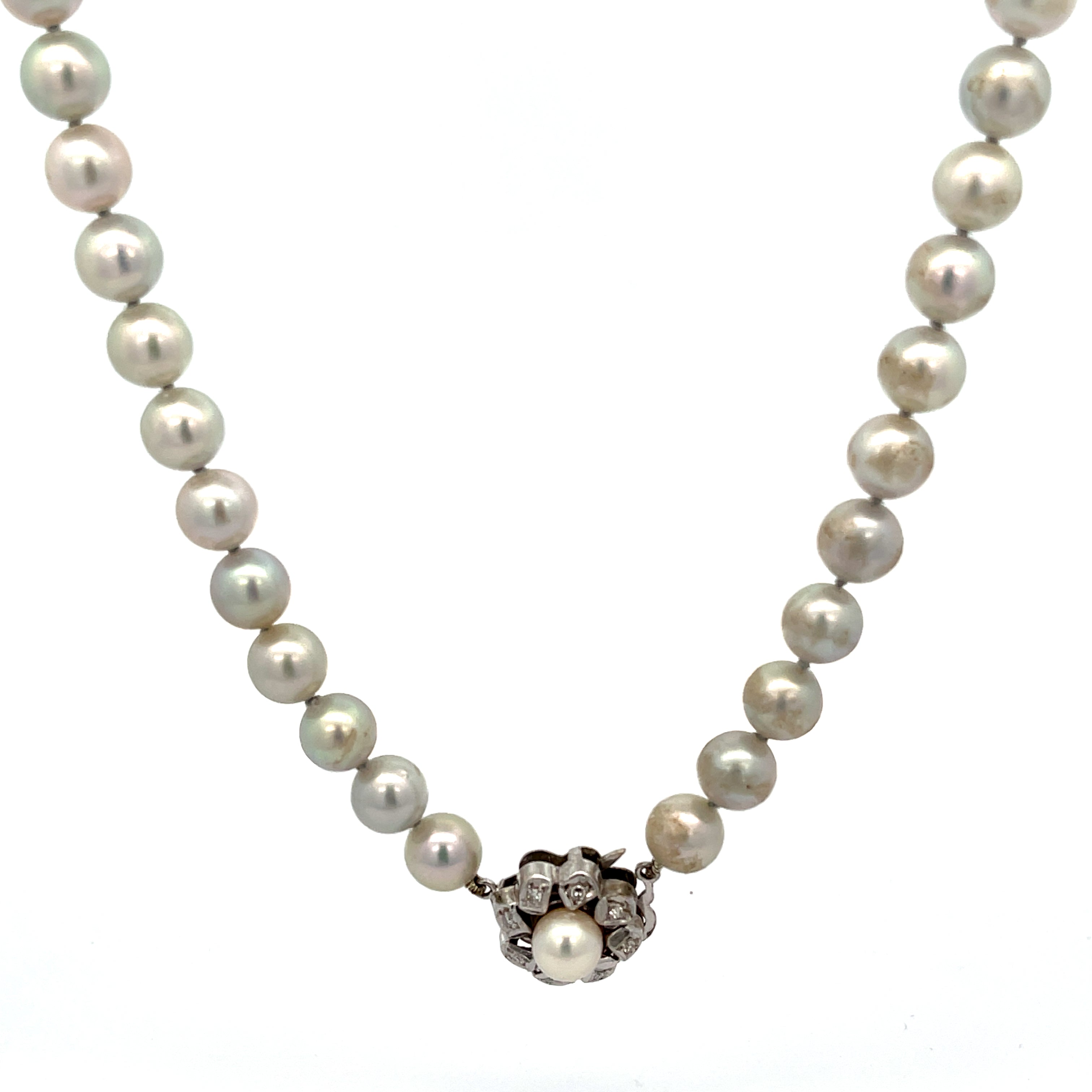 14k White Gold Silver Colored Pearl 7mm and Diamond Necklace