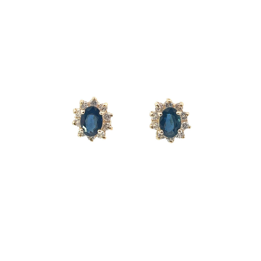 14k Yellow Gold 1.00ct Oval Blue Sapphire / .35ct G VS2 Round Diamond Earrings