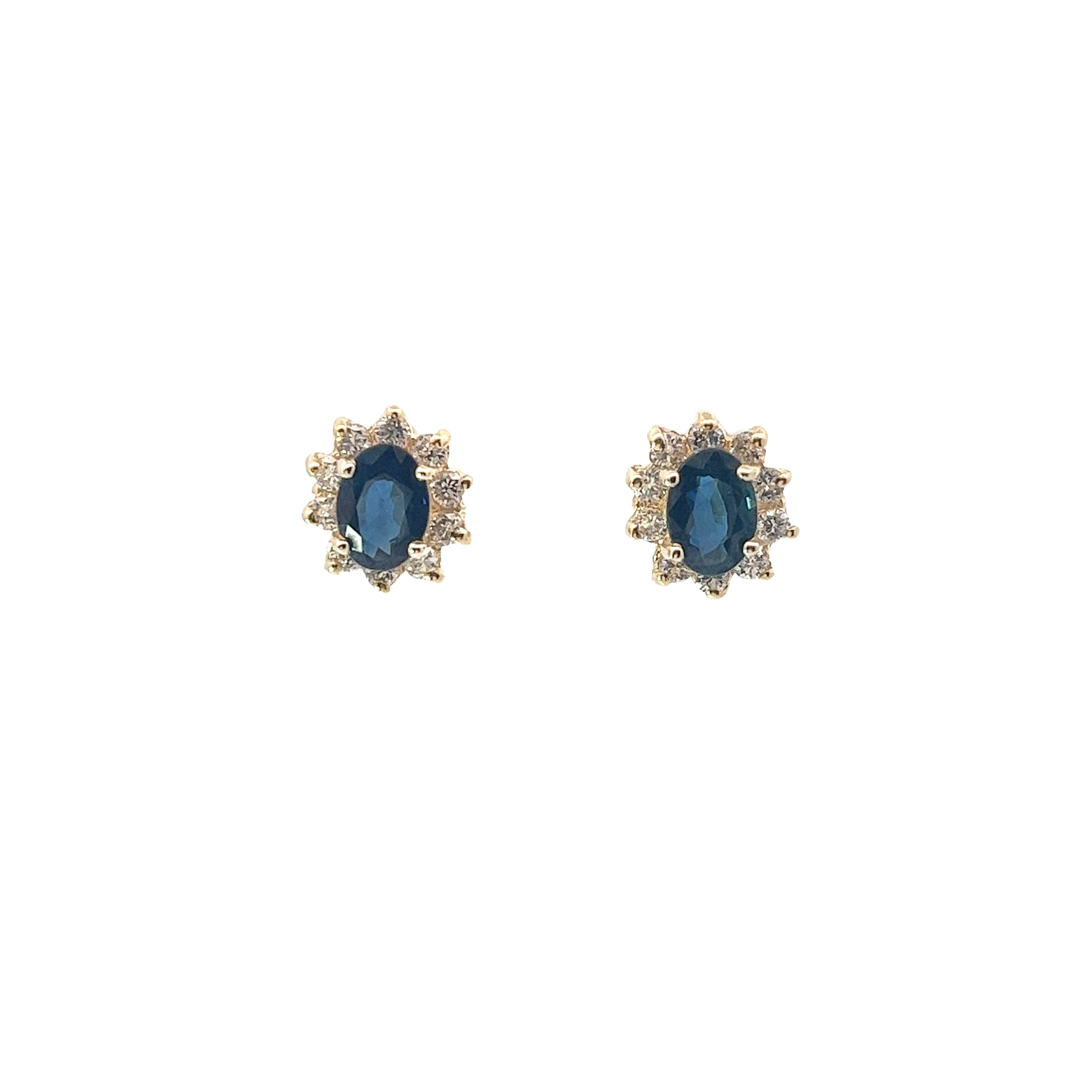 14k Yellow Gold 1.00ct Oval Blue Sapphire / .35ct G VS2 Round Diamond Earrings