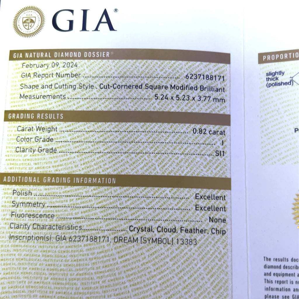 .82ct I SI1 Cut-Cornered Square Diamond Certified By GIA # 6237188171