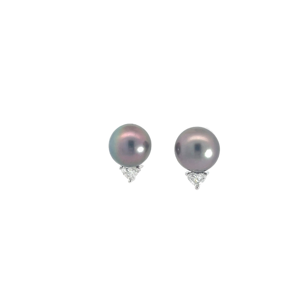 14k White Gold .75ct F VS2 Heart Shape Diamond 11.5mm Tahitian Pearl Stud Earrings