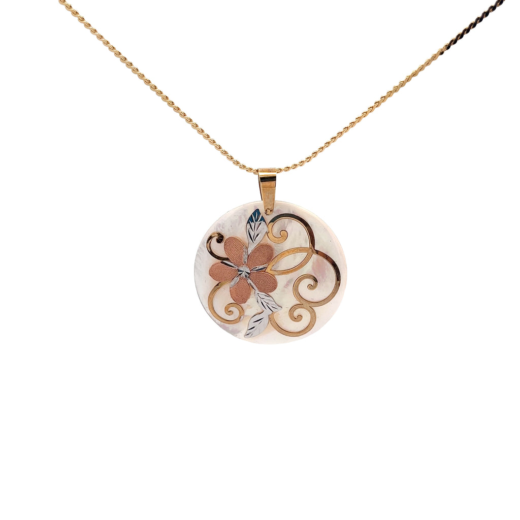 14k Yellow Gold Tri-Colored Round Mother of Pearl Flower Pendant  16"inch