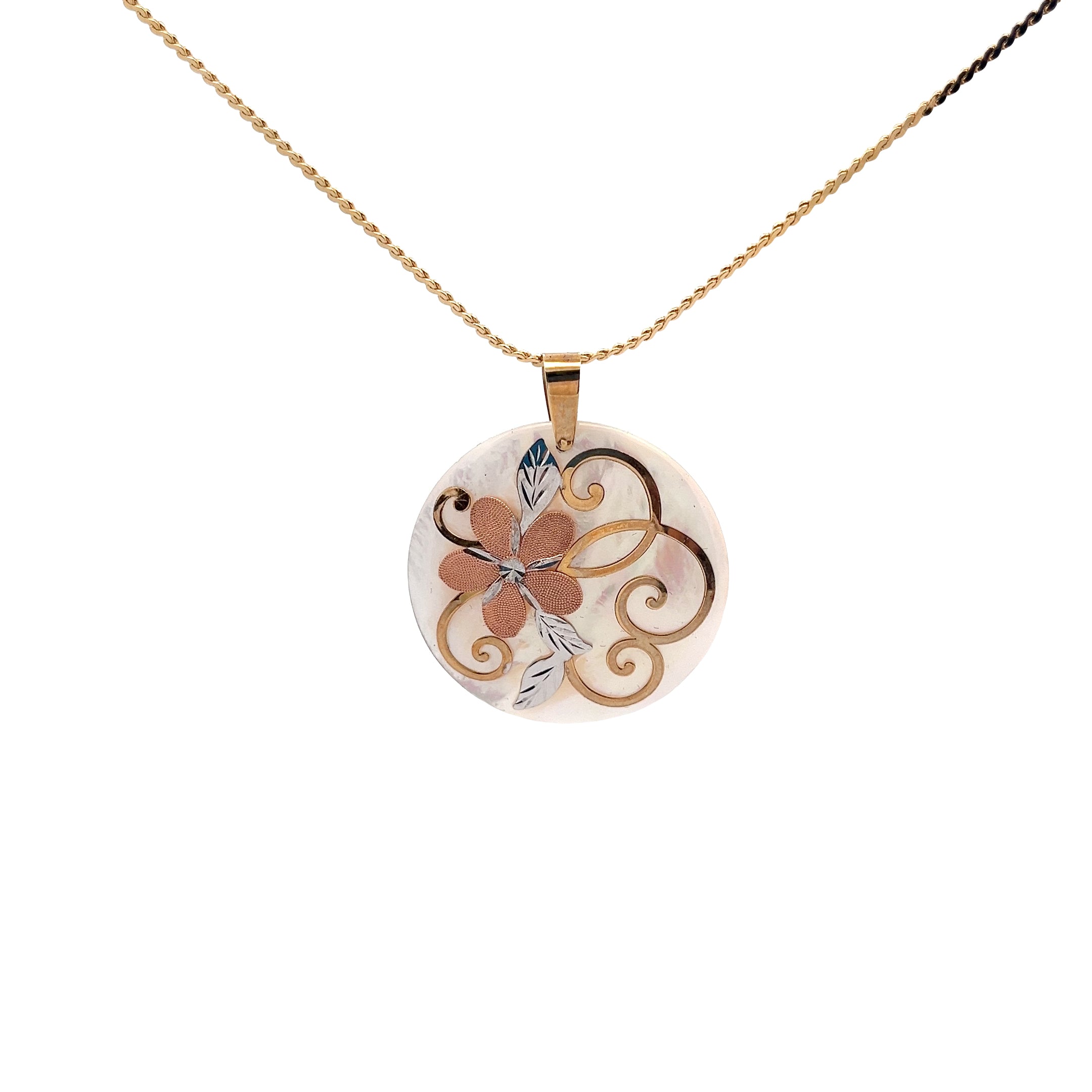 14k Yellow Gold Tri-Colored Round Mother of Pearl Flower Pendant  16"inch