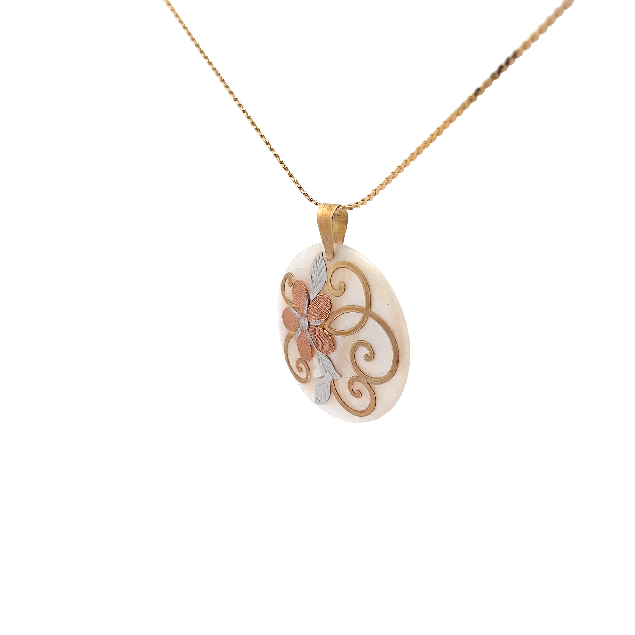 14k Yellow Gold Tri-Colored Round Mother of Pearl Flower Pendant  16"inch