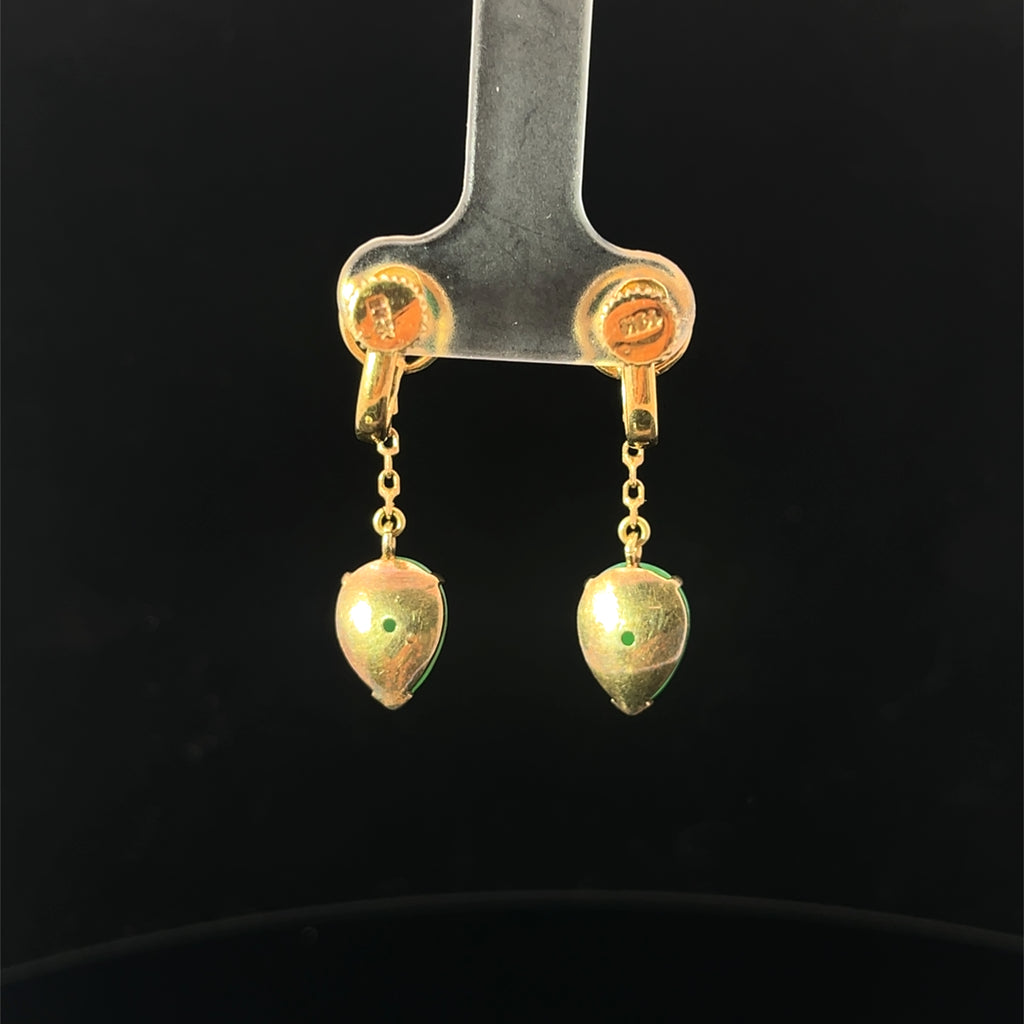 14k Yellow Gold Vintage A Grade Jade Jadeite Round and Pear Shape Cabochon Dangle Earrings 1 1/4 inch