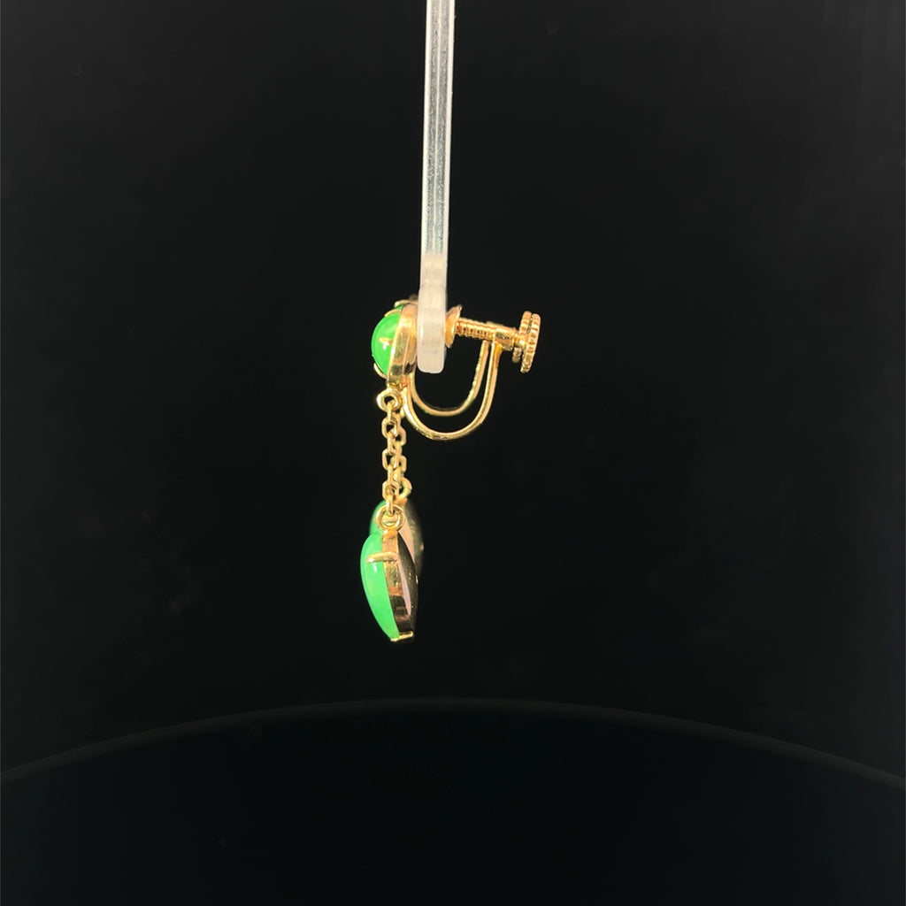 14k Yellow Gold Vintage A Grade Jade Jadeite Round and Pear Shape Cabochon Dangle Earrings 1 1/4 inch