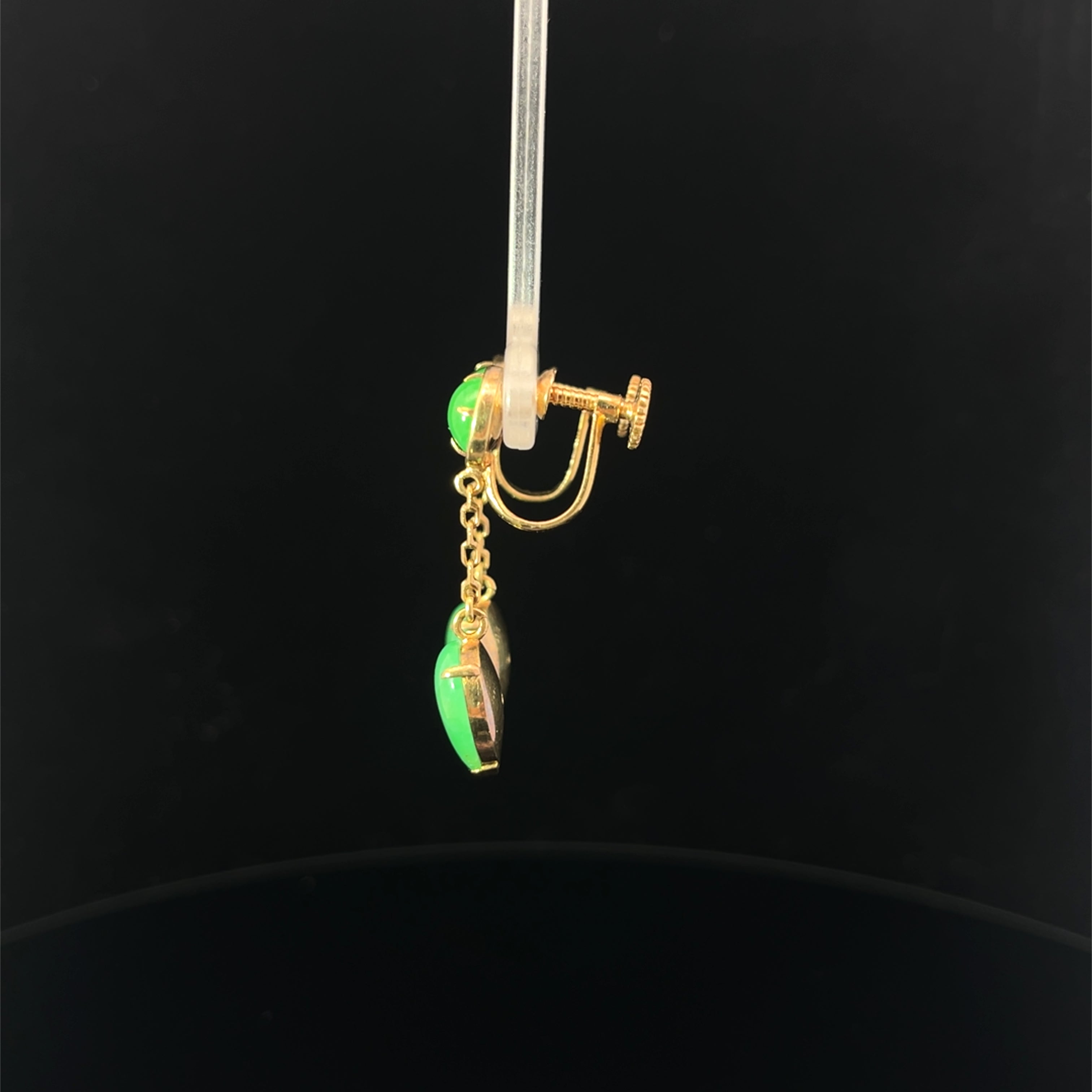 14k Yellow Gold Vintage A Grade Jade Jadeite Round and Pear Shape Cabochon Dangle Earrings 1 1/4 inch