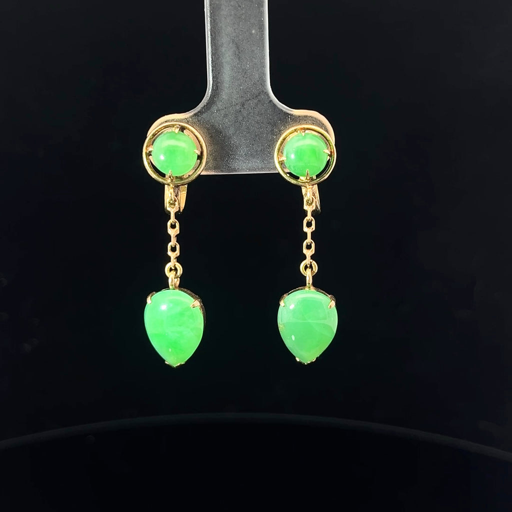 14k Yellow Gold Vintage A Grade Jade Jadeite Round and Pear Shape Cabochon Dangle Earrings 1 1/4 inch