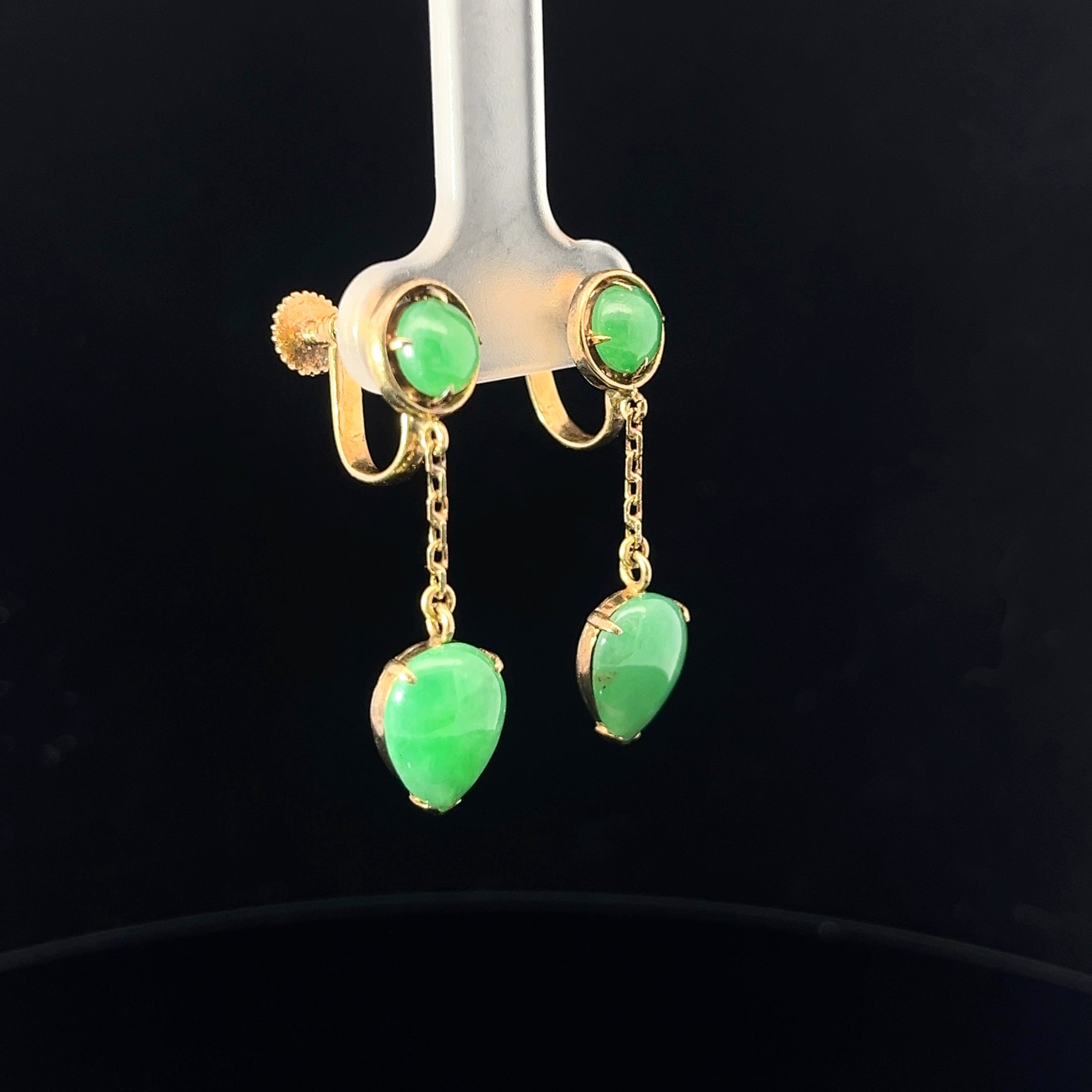 14k Yellow Gold Vintage A Grade Jade Jadeite Round and Pear Shape Cabochon Dangle Earrings 1 1/4 inch