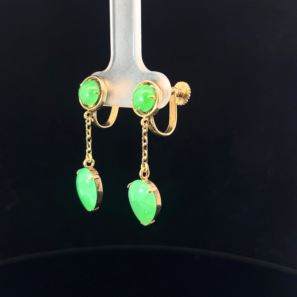 14k Yellow Gold Vintage A Grade Jade Jadeite Round and Pear Shape Cabochon Dangle Earrings 1 1/4 inch