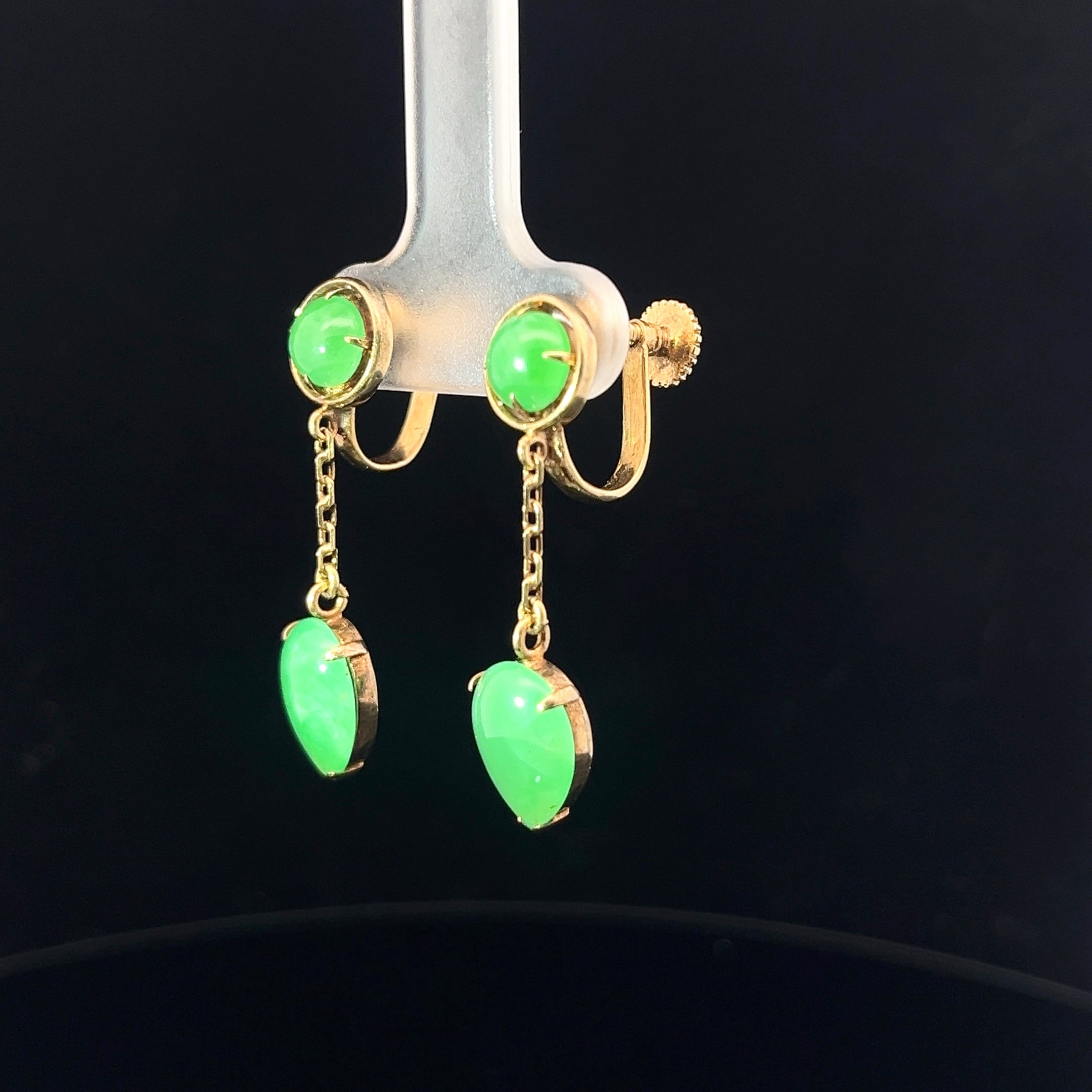 14k Yellow Gold Vintage A Grade Jade Jadeite Round and Pear Shape Cabochon Dangle Earrings 1 1/4 inch