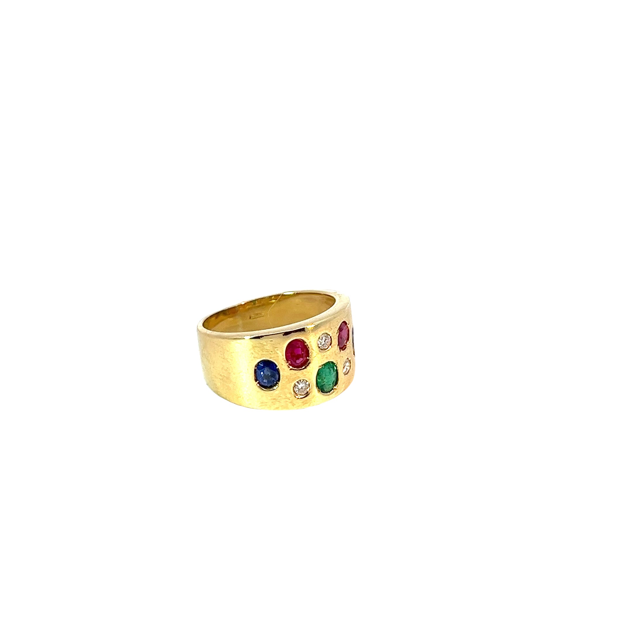 18k yellow gold .75ct blue sapphire, ruby emerald and diamond ring