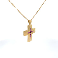 18k Yellow Gold .75ct Princess Cut Ruby Channel Set Cross Pendant 9 grams 1"x 3/4" 7.5 mm Wide