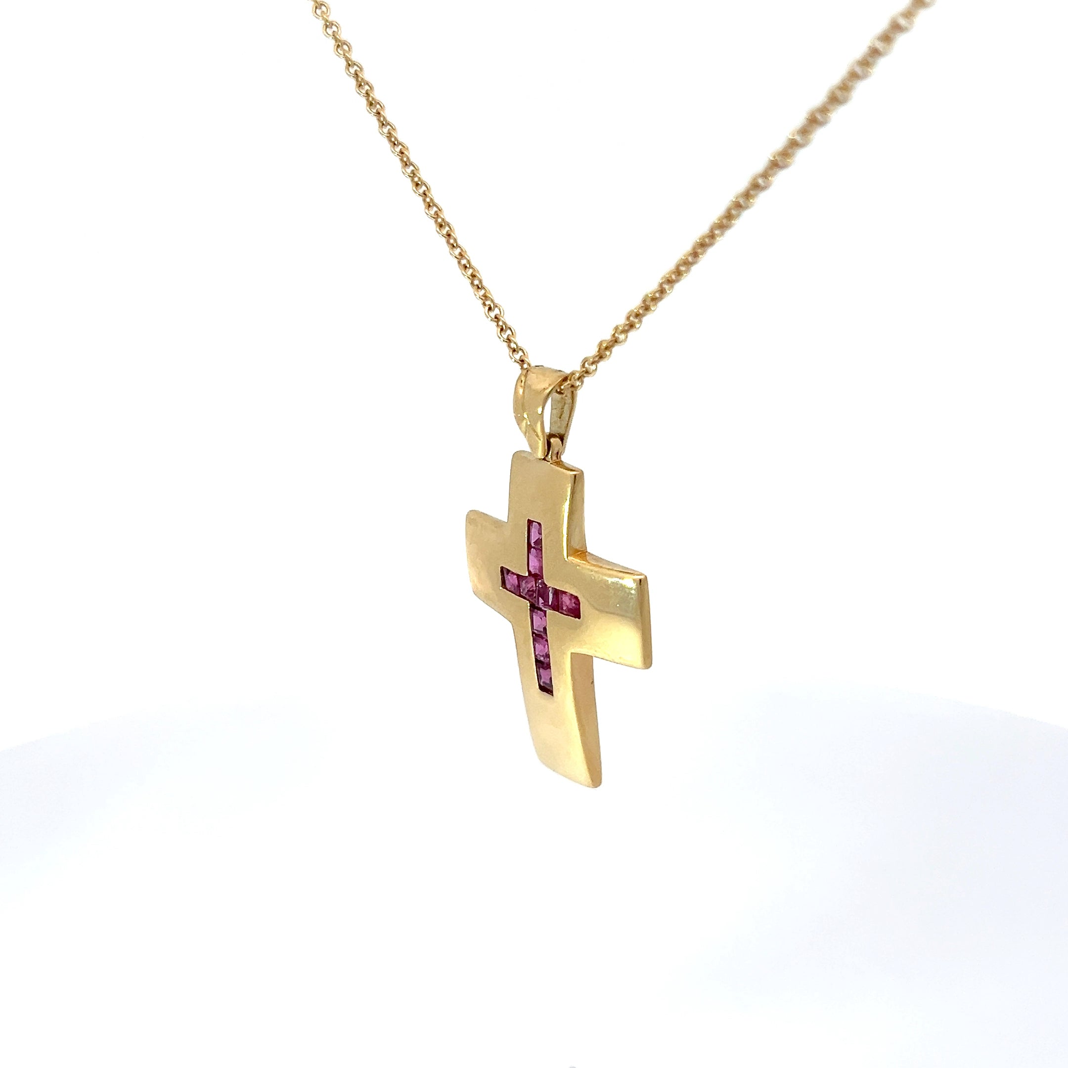 18k Yellow Gold .75ct Princess Cut Ruby Channel Set Cross Pendant 9 grams 1"x 3/4" 7.5 mm Wide
