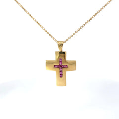 18k Yellow Gold .75ct Princess Cut Ruby Channel Set Cross Pendant 9 grams 1"x 3/4" 7.5 mm Wide