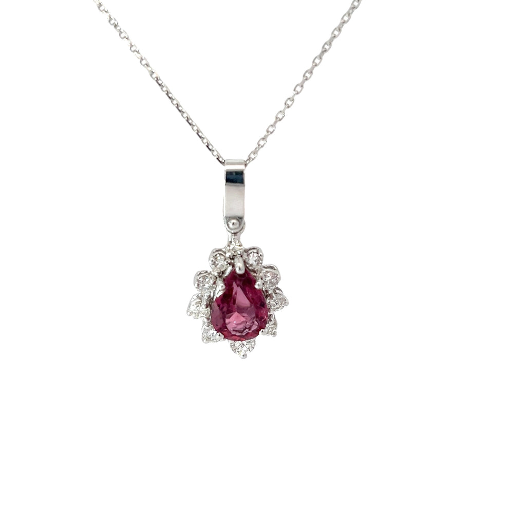 14k White Gold 1.50ct Pear Shape Pink Tourmaline and .35ct E VS2 Single cut Tear Drop Pendant