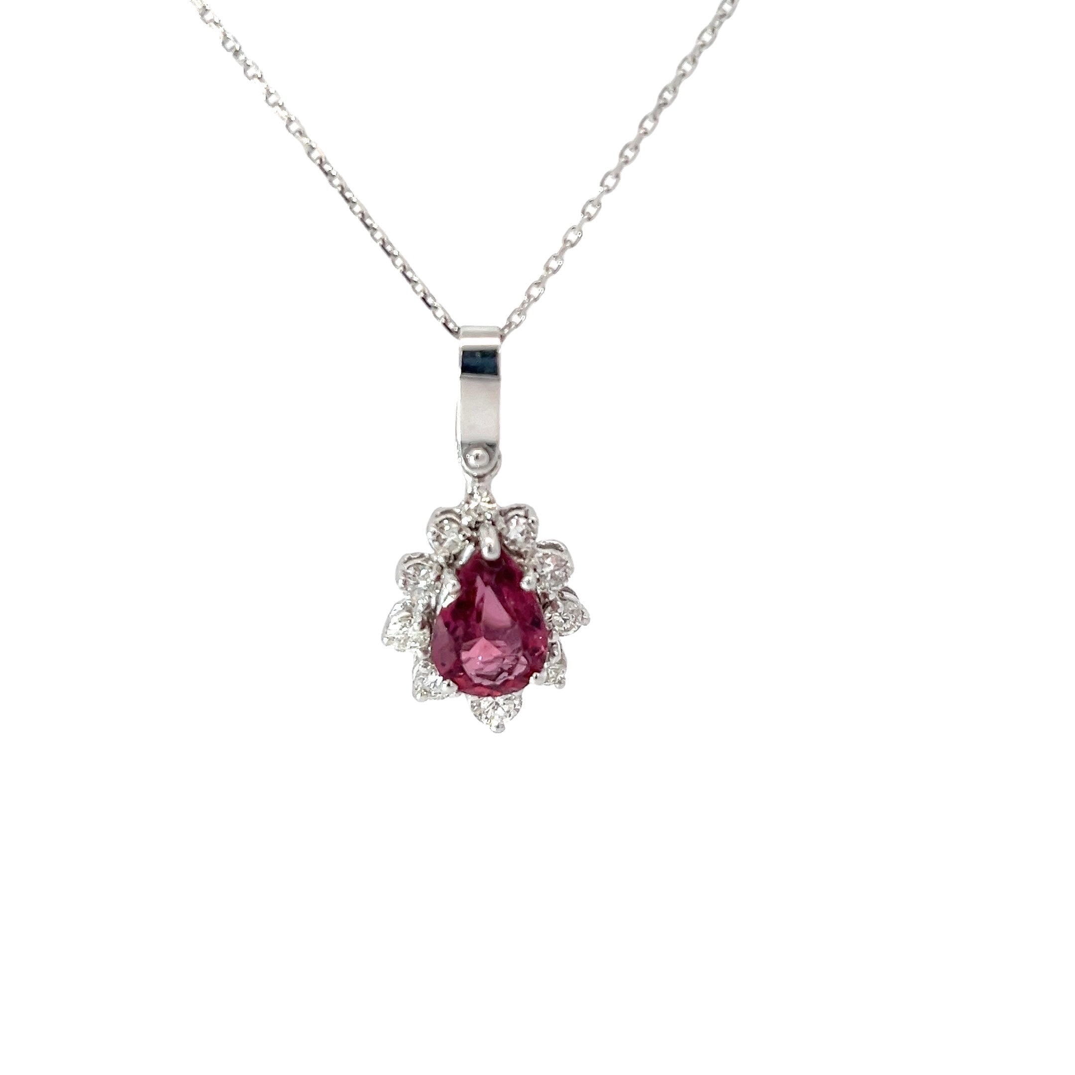 14k White Gold 1.50ct Pear Shape Pink Tourmaline and .35ct E VS2 Single cut Tear Drop Pendant