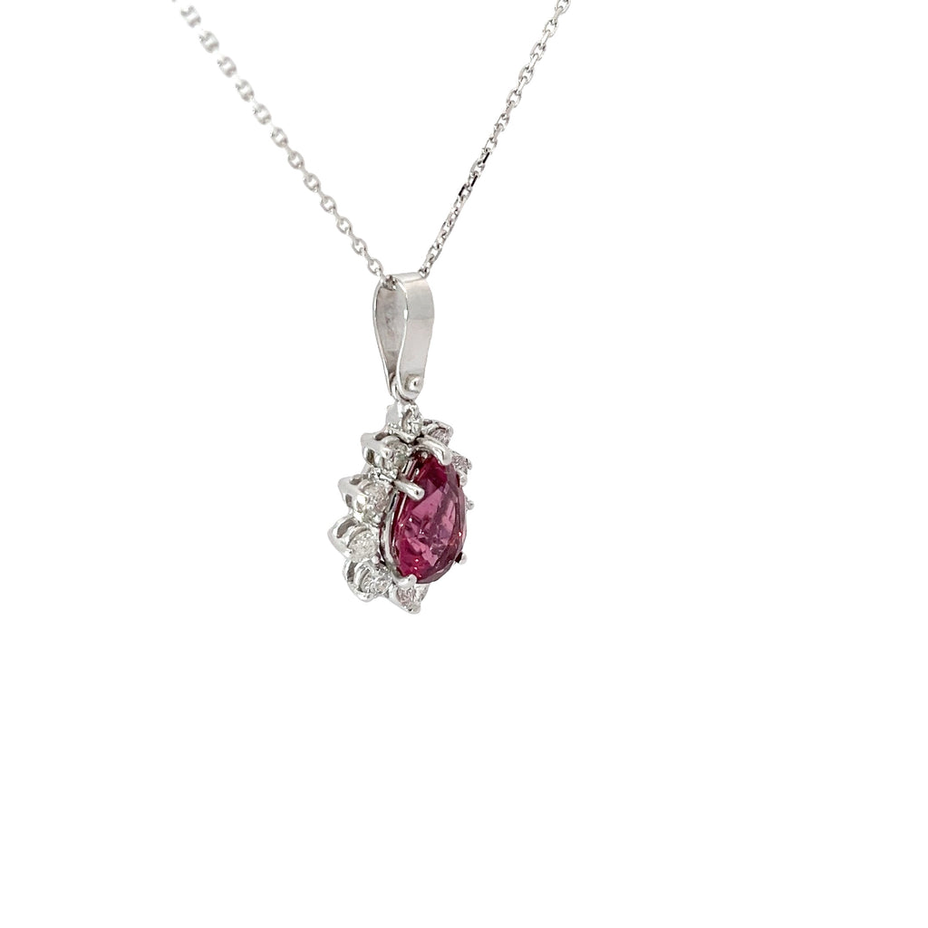 14k White Gold 1.50ct Pear Shape Pink Tourmaline and .35ct E VS2 Single cut Tear Drop Pendant