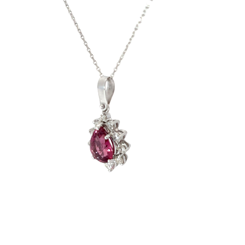 14k White Gold 1.50ct Pear Shape Pink Tourmaline and .35ct E VS2 Single cut Tear Drop Pendant