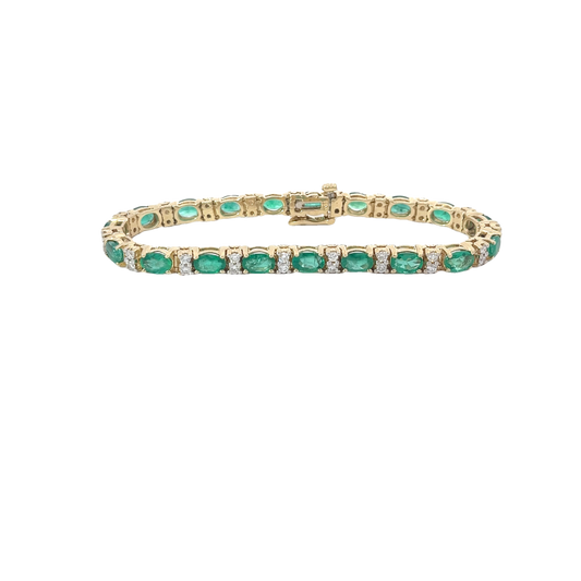 14k Yellow Gold 10.00ct Oval AA Emerald and 1.00ct G VS2 Round Diamond Tennis Bracelet